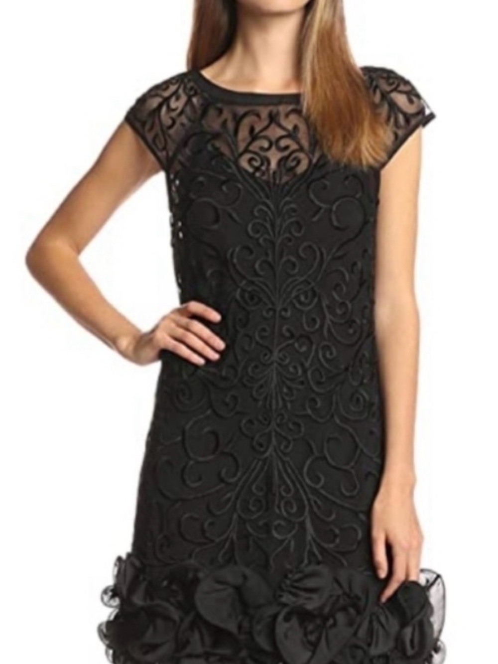 Black Embroidered Cocktail Dress – Sheer Illusion Neckline & Rosette Hem